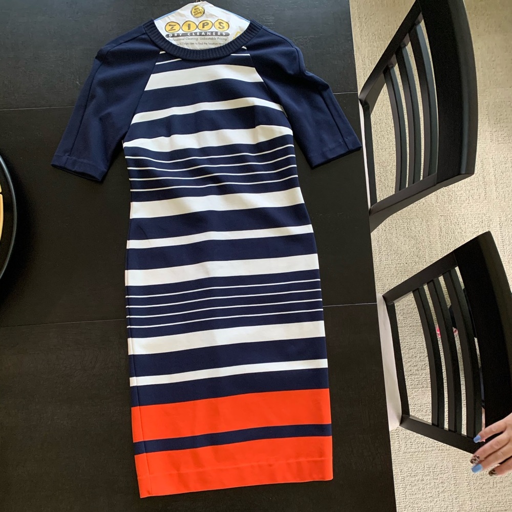 MICHAEL KORS- Navy, White, & Orange Stripped Dress